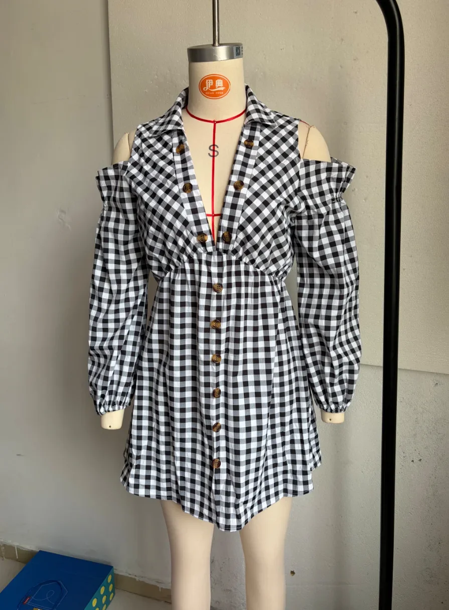 Fashion Cold Shoulder Gingham Plaid Dress Women's Lapel Collar Lantern Long Sleeve Button Front A‑Line Casual Short Mini Dress