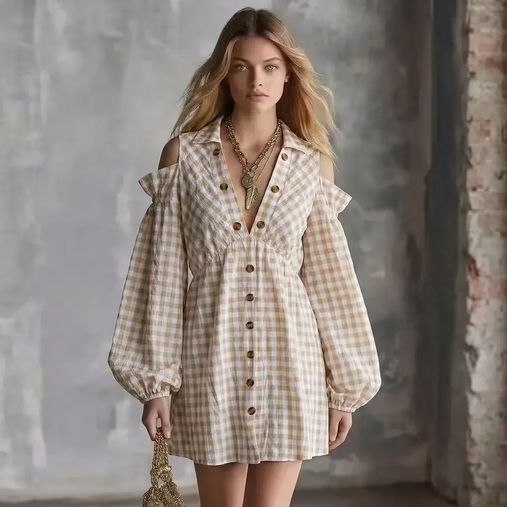 Fashion Cold Shoulder Gingham Plaid Dress Women's Lapel Collar Lantern Long Sleeve Button Front A‑Line Casual Short Mini Dress