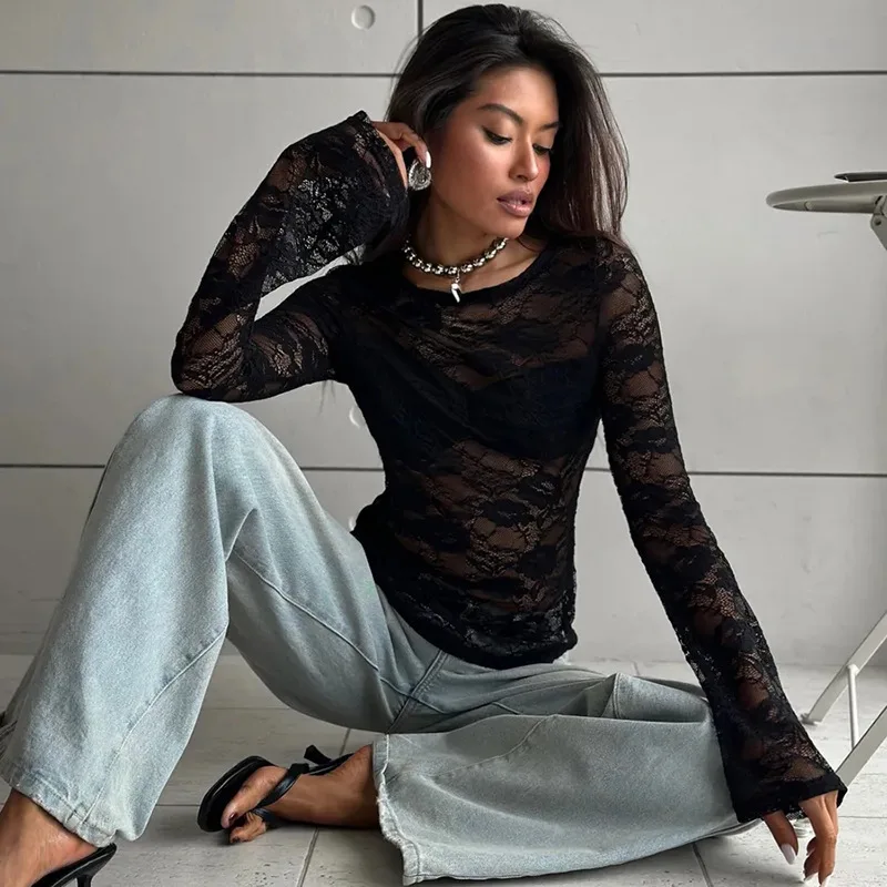 Tuularose White Lace Pullover Women Sexy Hollow See-Through Twist Patchwork Pullover New High Street Chic Slim Women's T-Shirts