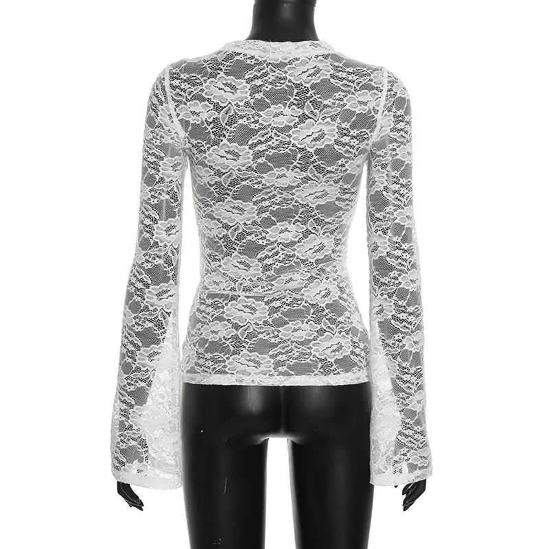 Tuularose White Lace Pullover Women Sexy Hollow See-Through Twist Patchwork Pullover New High Street Chic Slim Women's T-Shirts