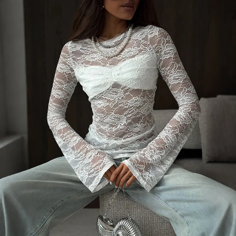 Tuularose White Lace Pullover Women Sexy Hollow See-Through Twist Patchwork Pullover New High Street Chic Slim Women's T-Shirts