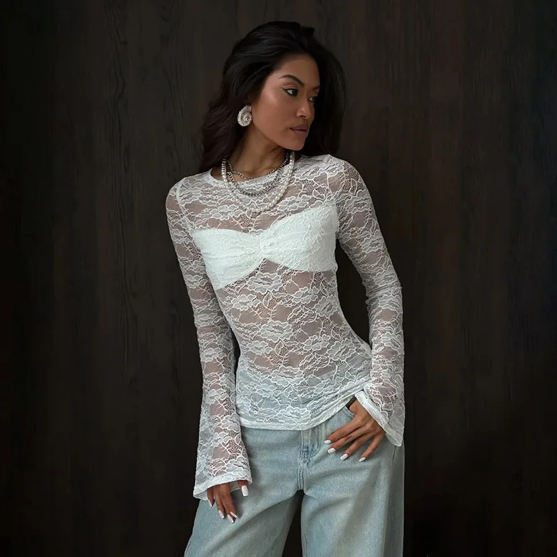 Tuularose White Lace Pullover Women Sexy Hollow See-Through Twist Patchwork Pullover New High Street Chic Slim Women's T-Shirts