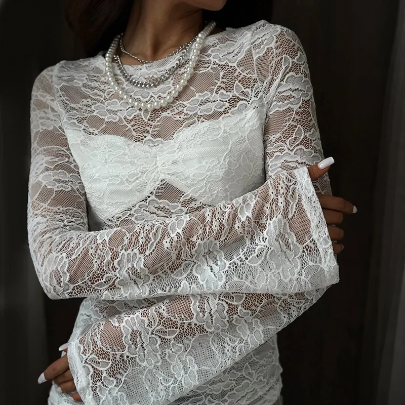 Tuularose White Lace Pullover Women Sexy Hollow See-Through Twist Patchwork Pullover New High Street Chic Slim Women's T-Shirts