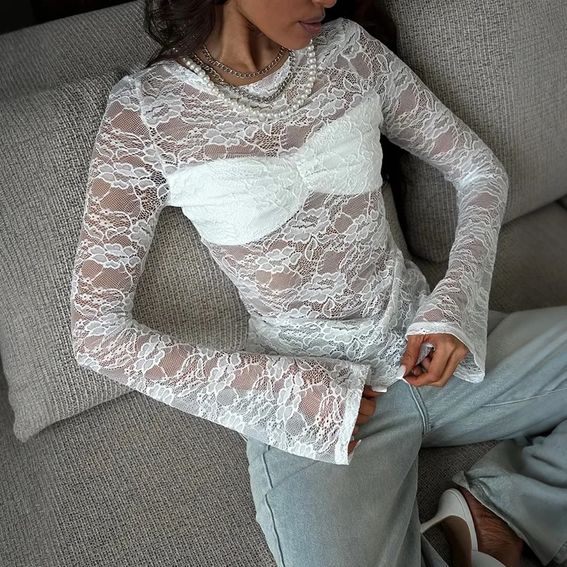 Tuularose White Lace Pullover Women Sexy Hollow See-Through Twist Patchwork Pullover New High Street Chic Slim Women's T-Shirts