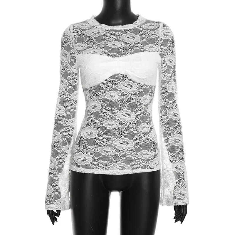 Tuularose White Lace Pullover Women Sexy Hollow See-Through Twist Patchwork Pullover New High Street Chic Slim Women's T-Shirts