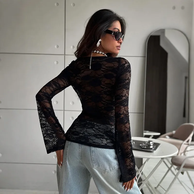 Tuularose White Lace Pullover Women Sexy Hollow See-Through Twist Patchwork Pullover New High Street Chic Slim Women's T-Shirts