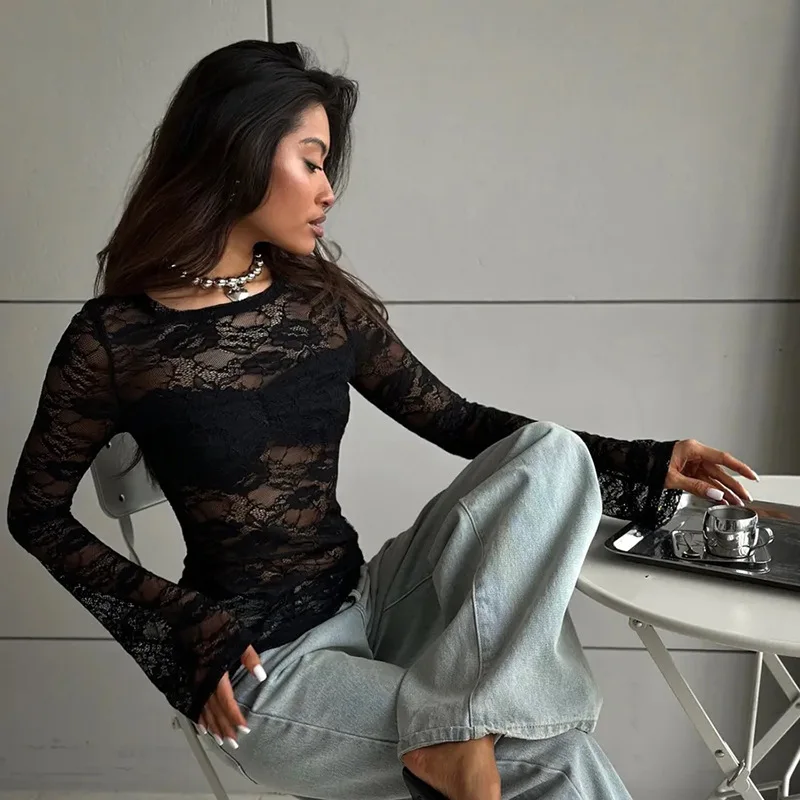 Tuularose White Lace Pullover Women Sexy Hollow See-Through Twist Patchwork Pullover New High Street Chic Slim Women's T-Shirts