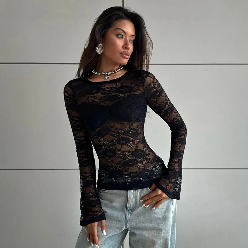 Tuularose White Lace Pullover Women Sexy Hollow See-Through Twist Patchwork Pullover New High Street Chic Slim Women's T-Shirts
