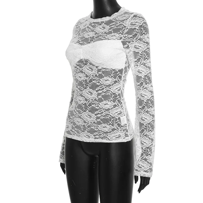 Tuularose White Lace Pullover Women Sexy Hollow See-Through Twist Patchwork Pullover New High Street Chic Slim Women's T-Shirts