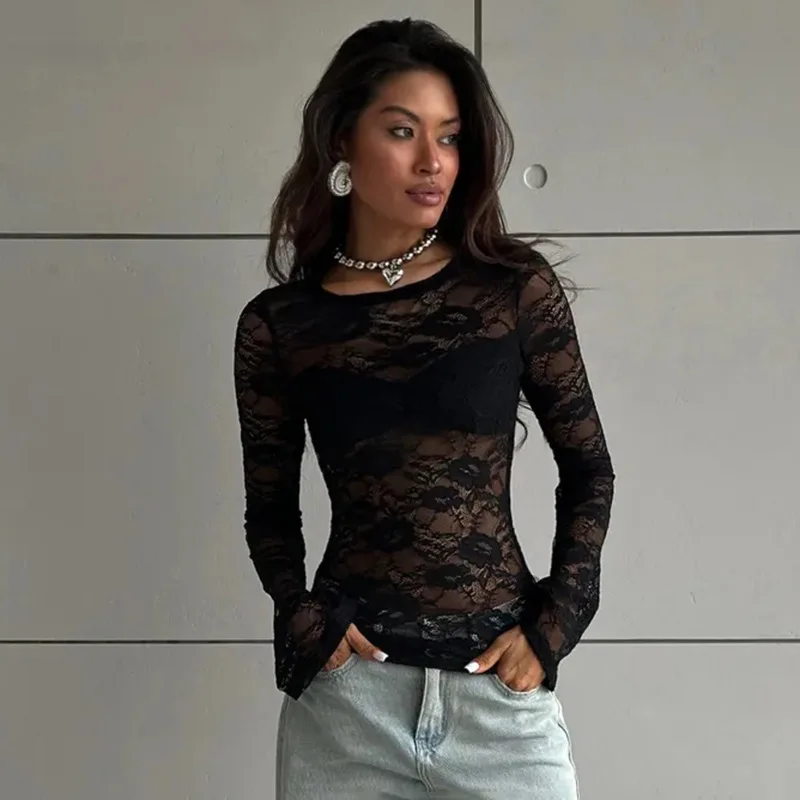 Tuularose White Lace Pullover Women Sexy Hollow See-Through Twist Patchwork Pullover New High Street Chic Slim Women's T-Shirts