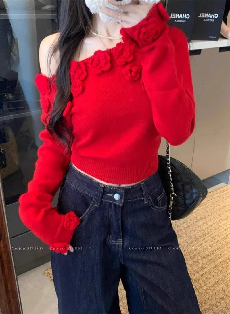 Women 3D Rose Applique Knit Sweater Off Shoulder Pullover Asymmetric Neck Cropped Top Y2K Coquette Winter Jumper