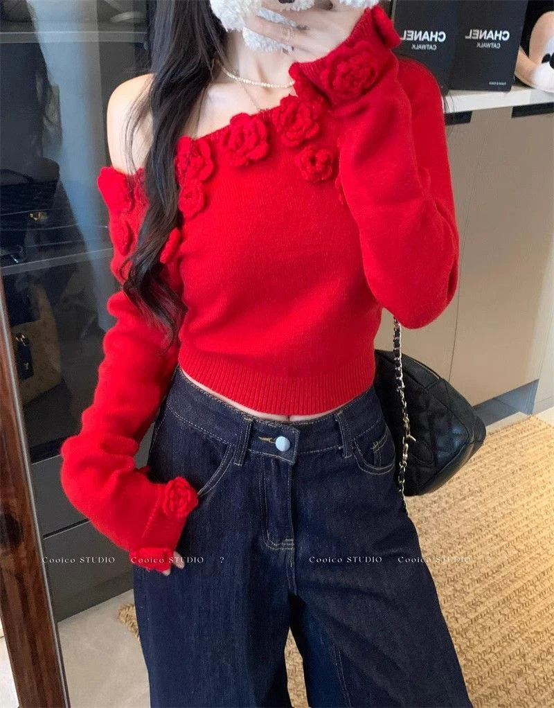 Women 3D Rose Applique Knit Sweater Off Shoulder Pullover Asymmetric Neck Cropped Top Y2K Coquette Winter Jumper