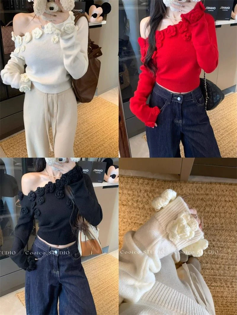 Women 3D Rose Applique Knit Sweater Off Shoulder Pullover Asymmetric Neck Cropped Top Y2K Coquette Winter Jumper