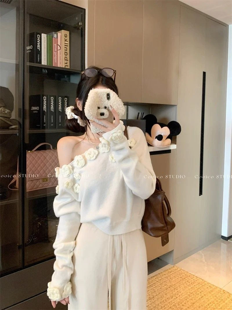 Women 3D Rose Applique Knit Sweater Off Shoulder Pullover Asymmetric Neck Cropped Top Y2K Coquette Winter Jumper