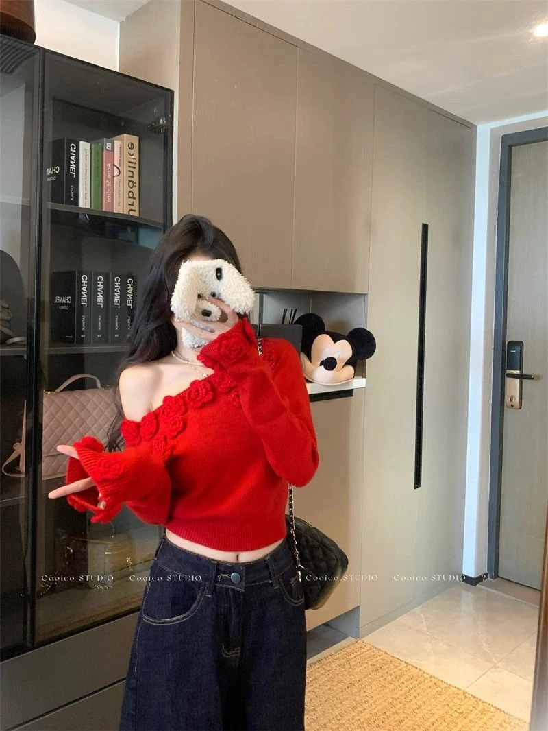 Women 3D Rose Applique Knit Sweater Off Shoulder Pullover Asymmetric Neck Cropped Top Y2K Coquette Winter Jumper