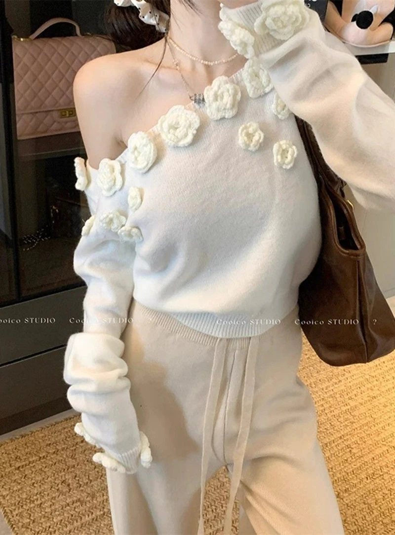 Women 3D Rose Applique Knit Sweater Off Shoulder Pullover Asymmetric Neck Cropped Top Y2K Coquette Winter Jumper