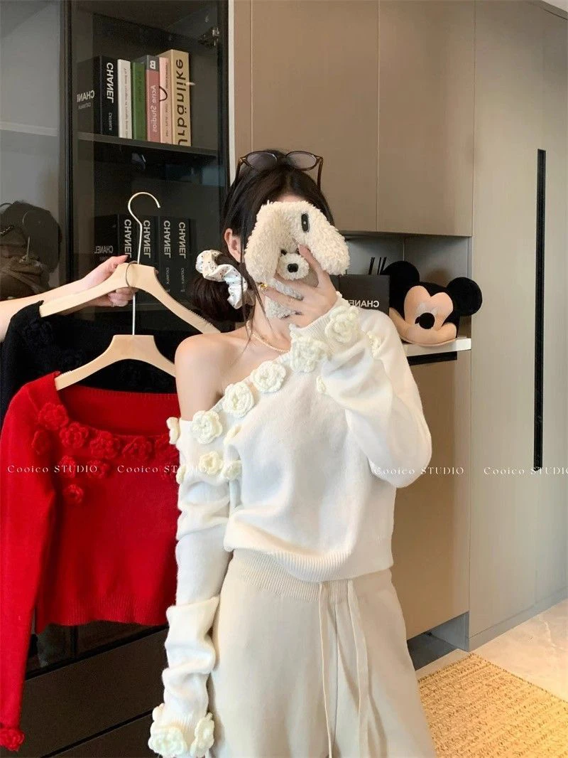 Women 3D Rose Applique Knit Sweater Off Shoulder Pullover Asymmetric Neck Cropped Top Y2K Coquette Winter Jumper