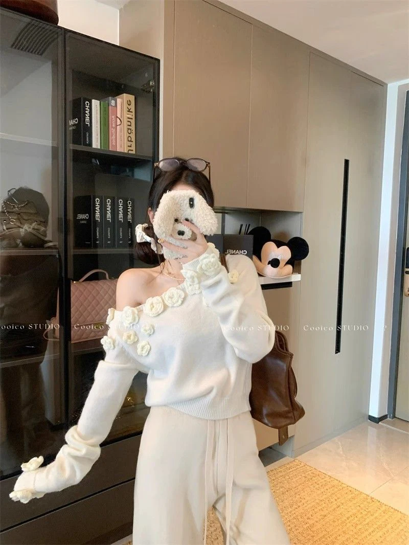 Women 3D Rose Applique Knit Sweater Off Shoulder Pullover Asymmetric Neck Cropped Top Y2K Coquette Winter Jumper