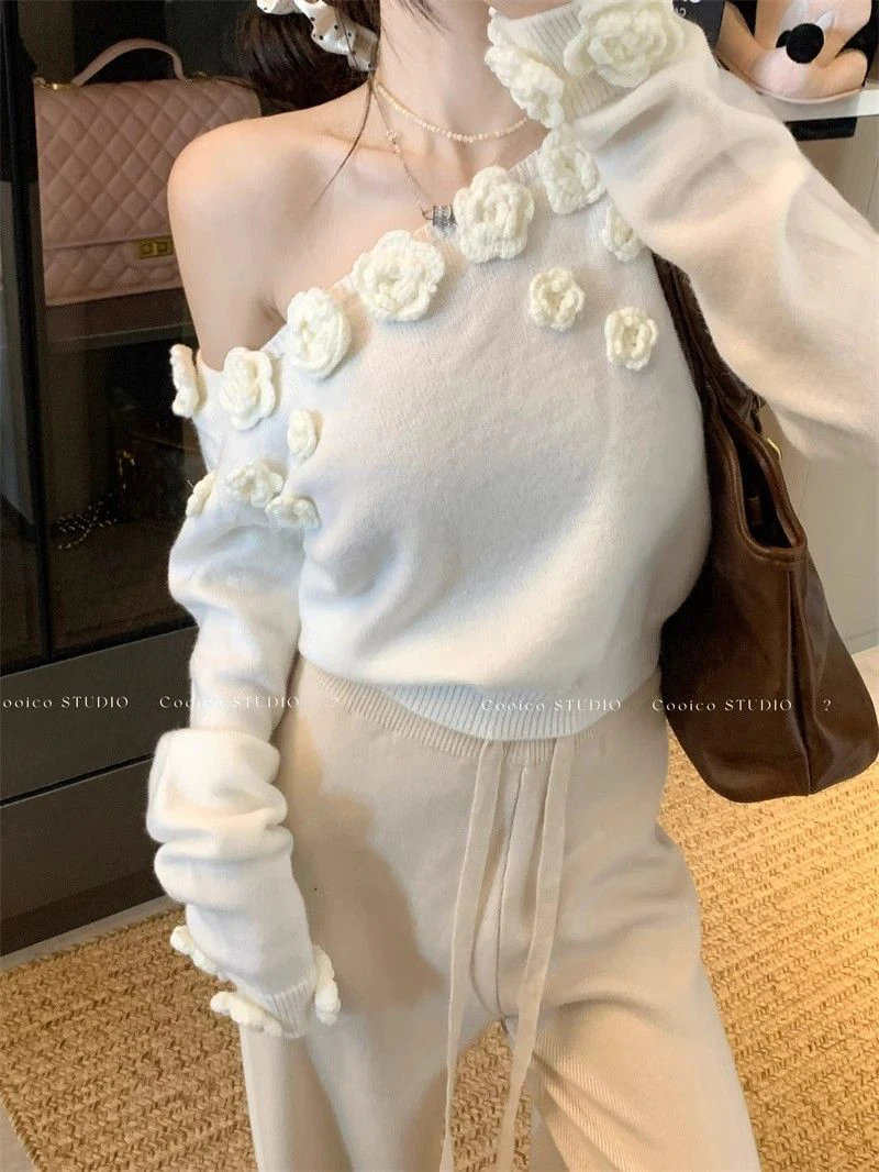 Women 3D Rose Applique Knit Sweater Off Shoulder Pullover Asymmetric Neck Cropped Top Y2K Coquette Winter Jumper