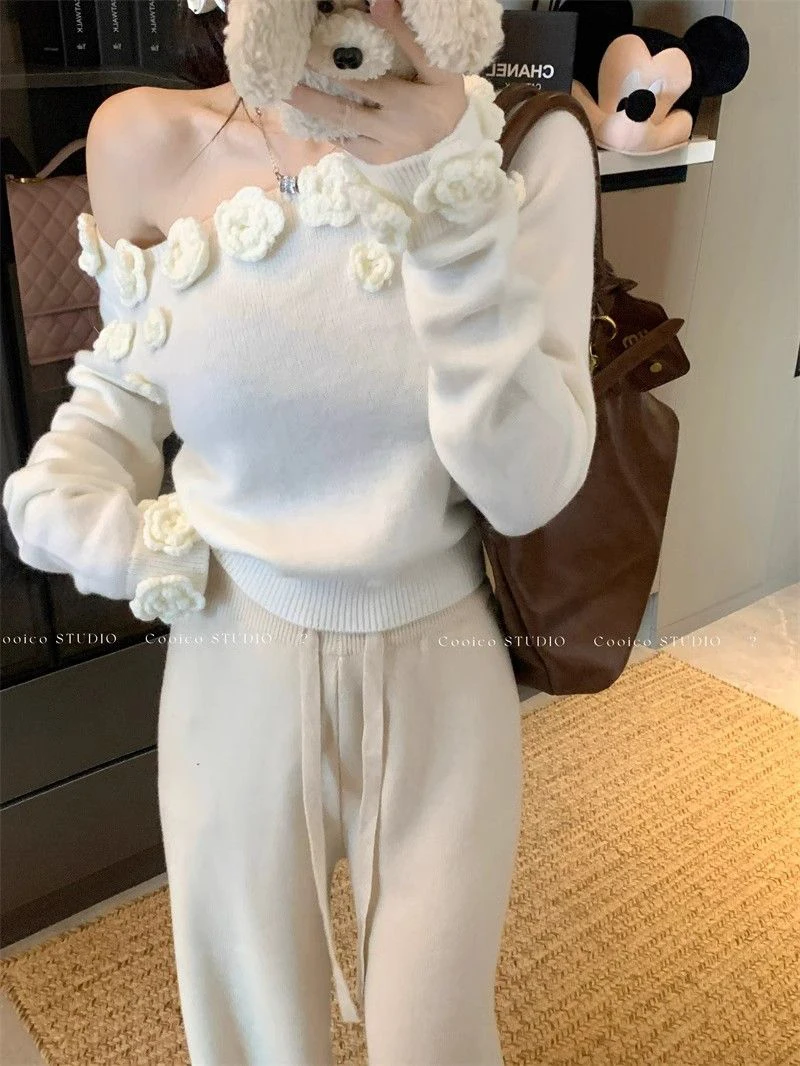 Women 3D Rose Applique Knit Sweater Off Shoulder Pullover Asymmetric Neck Cropped Top Y2K Coquette Winter Jumper