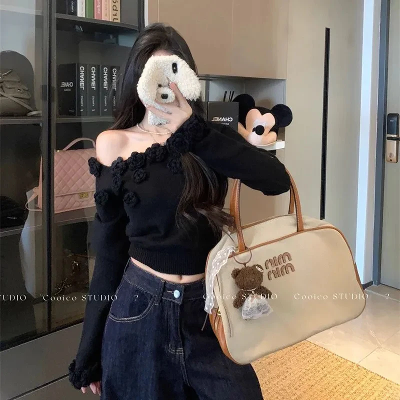 Women 3D Rose Applique Knit Sweater Off Shoulder Pullover Asymmetric Neck Cropped Top Y2K Coquette Winter Jumper