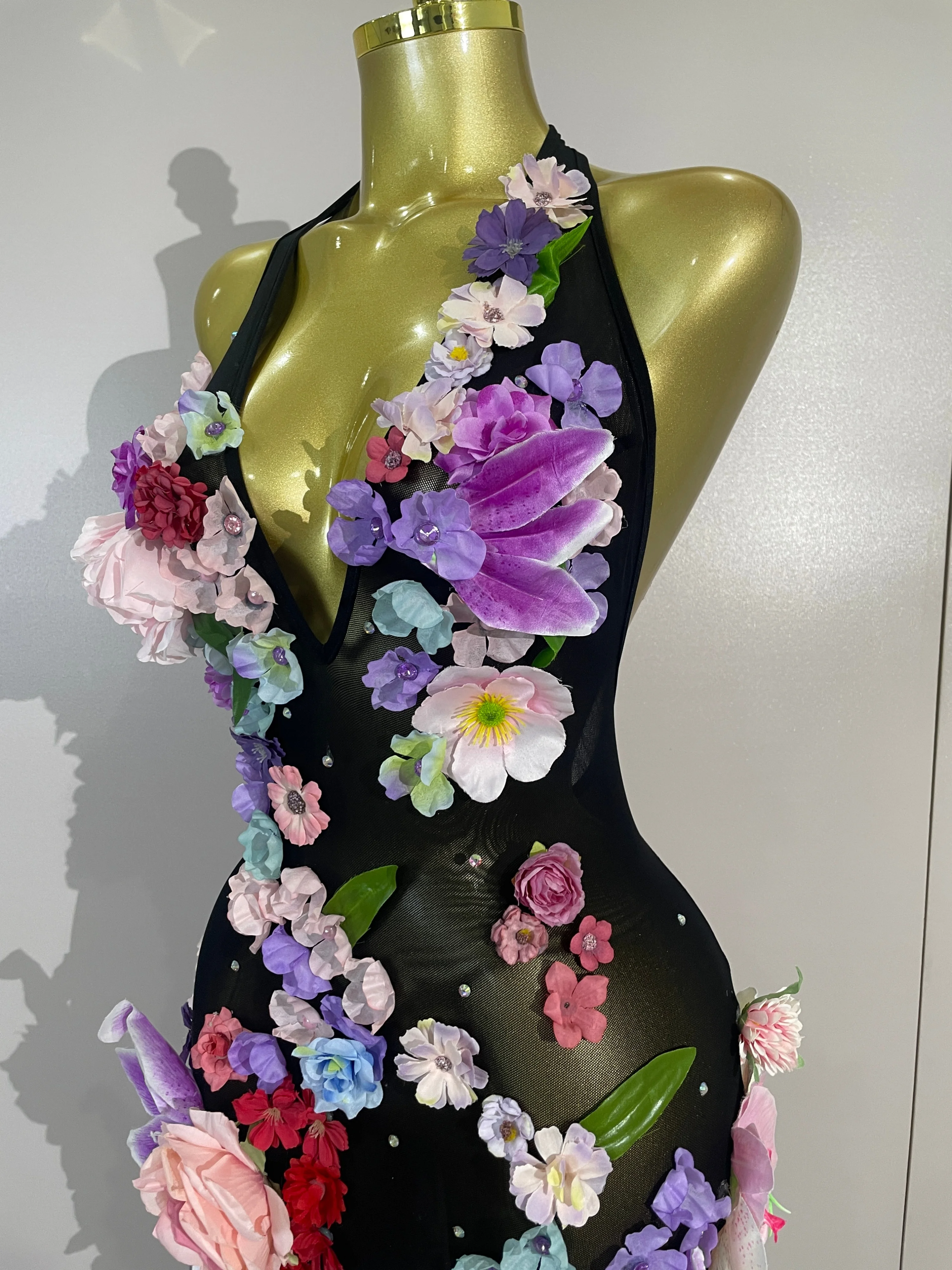Sexy Halter Mesh See Through Long Dress Women Sparkly Diamonds 3D Flower Evening Party Birthday Photoshoot Nightclub Stage Wear