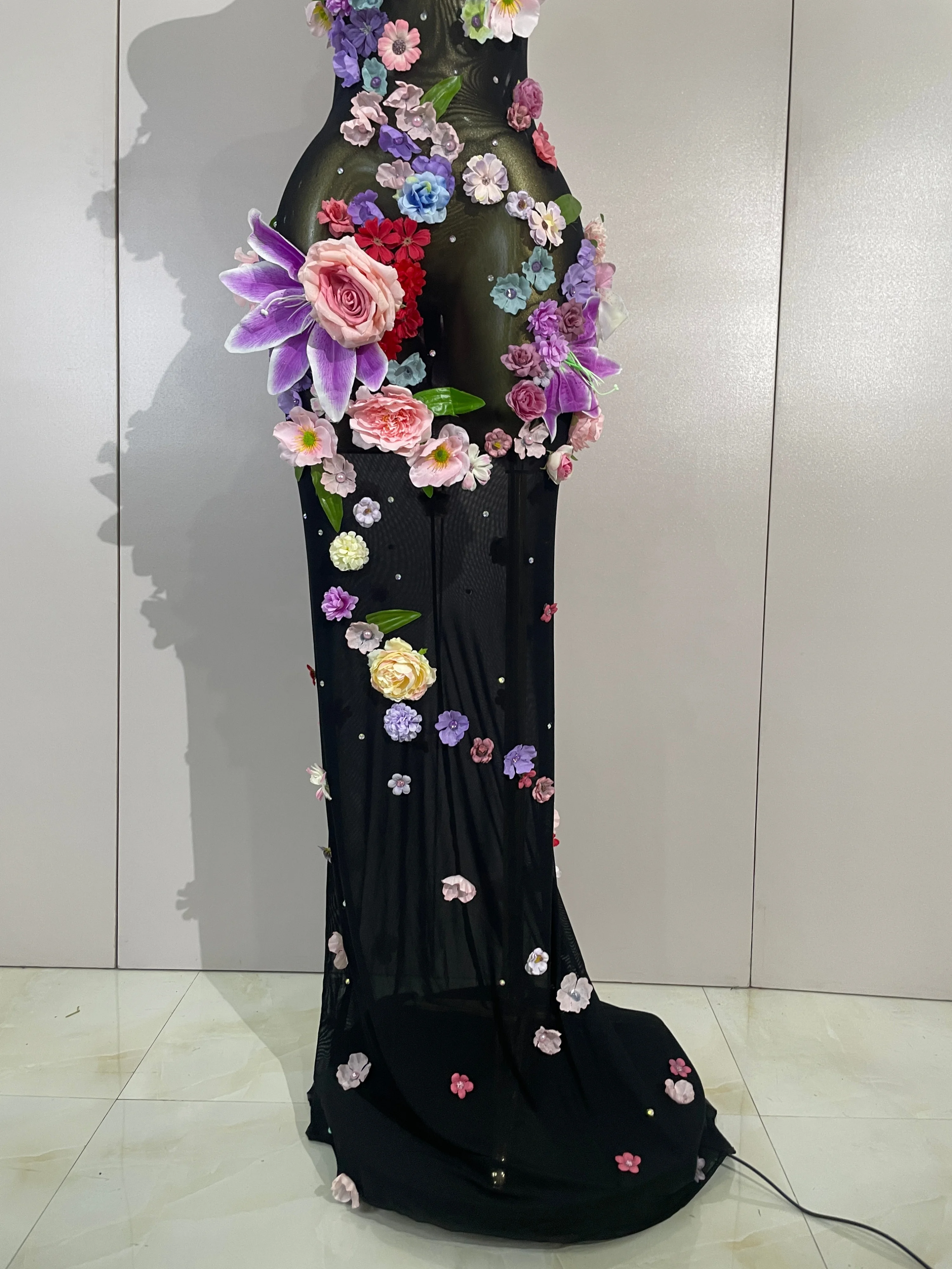 Sexy Halter Mesh See Through Long Dress Women Sparkly Diamonds 3D Flower Evening Party Birthday Photoshoot Nightclub Stage Wear