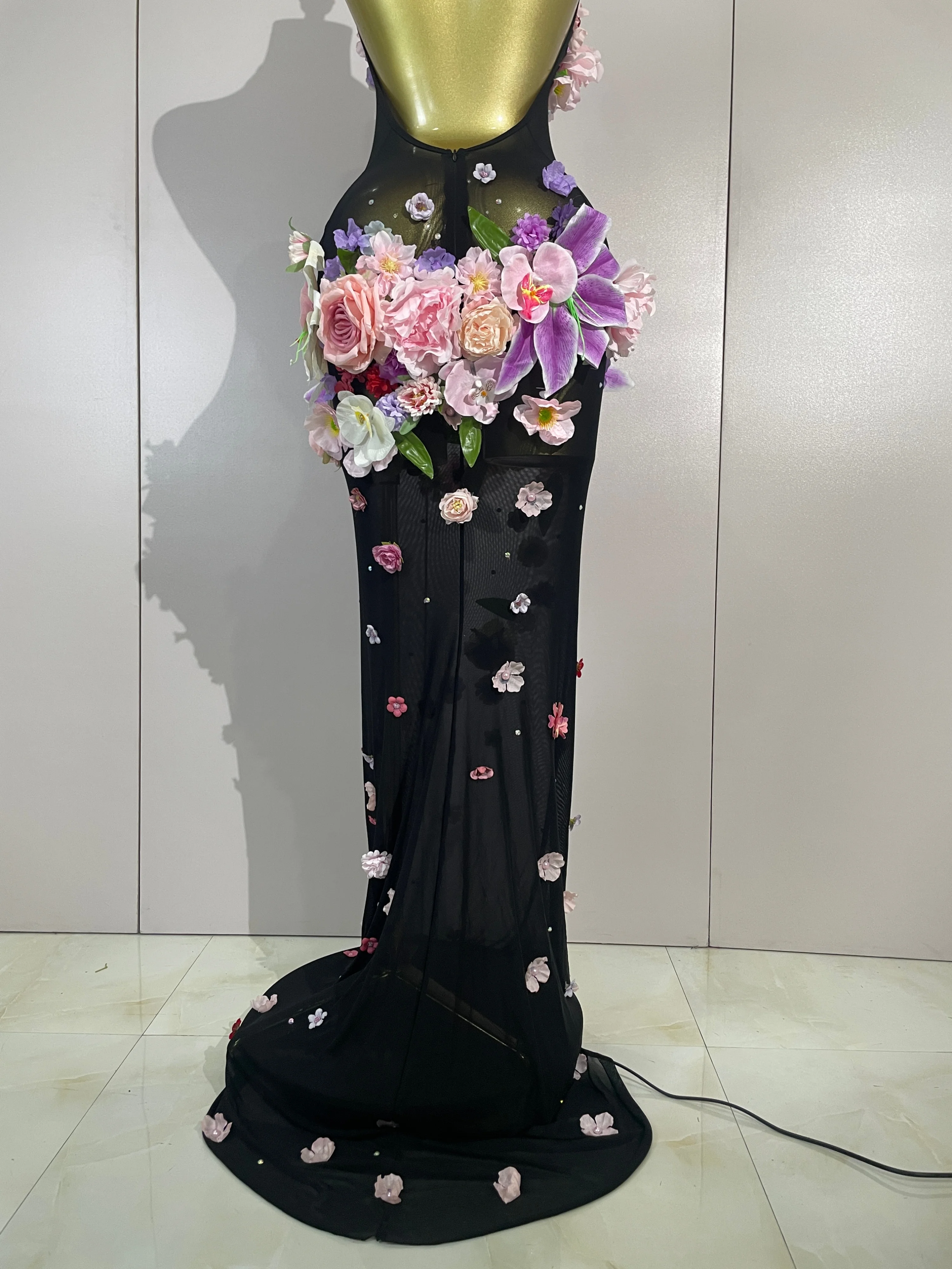 Sexy Halter Mesh See Through Long Dress Women Sparkly Diamonds 3D Flower Evening Party Birthday Photoshoot Nightclub Stage Wear