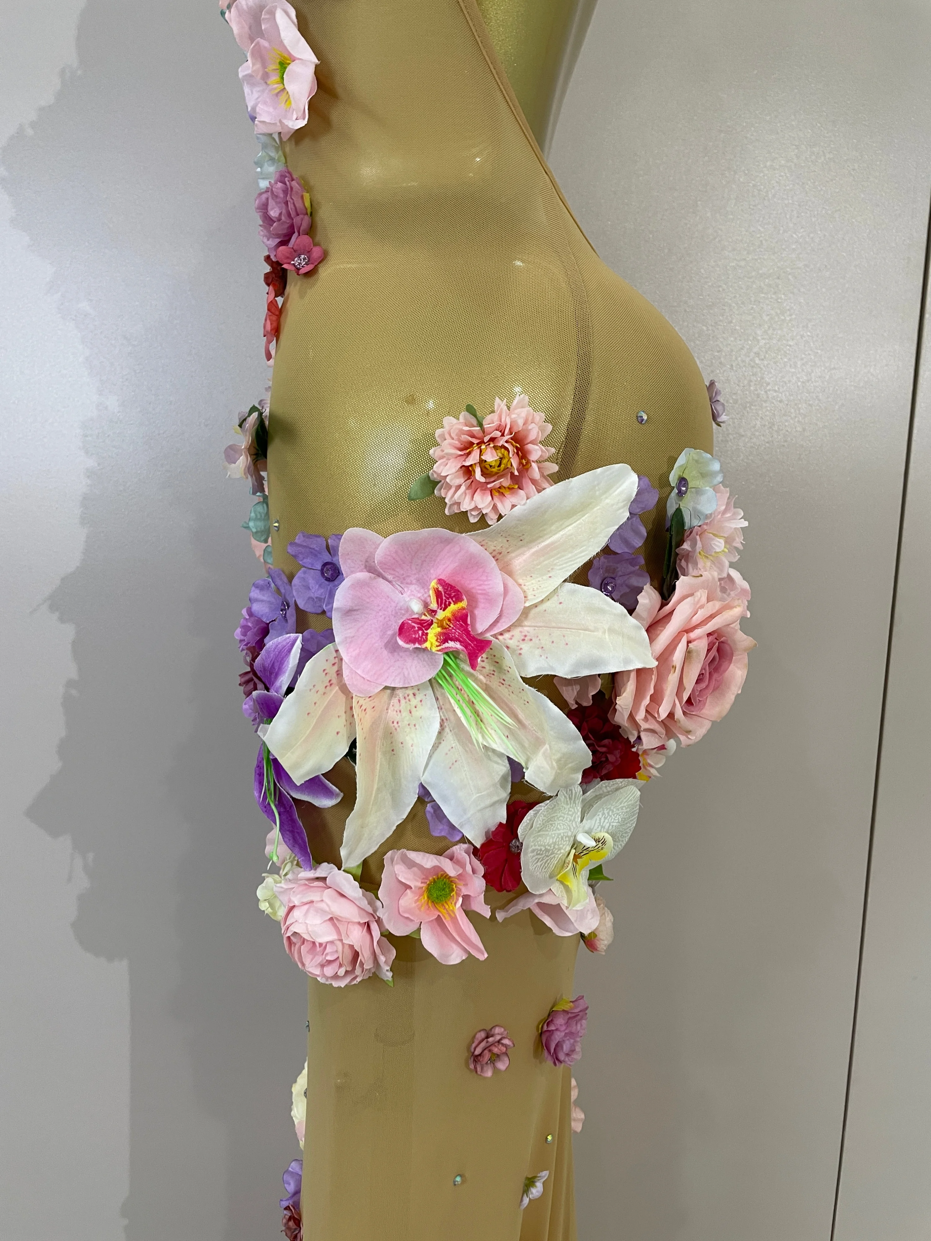 Sexy Halter Mesh See Through Long Dress Women Sparkly Diamonds 3D Flower Evening Party Birthday Photoshoot Nightclub Stage Wear