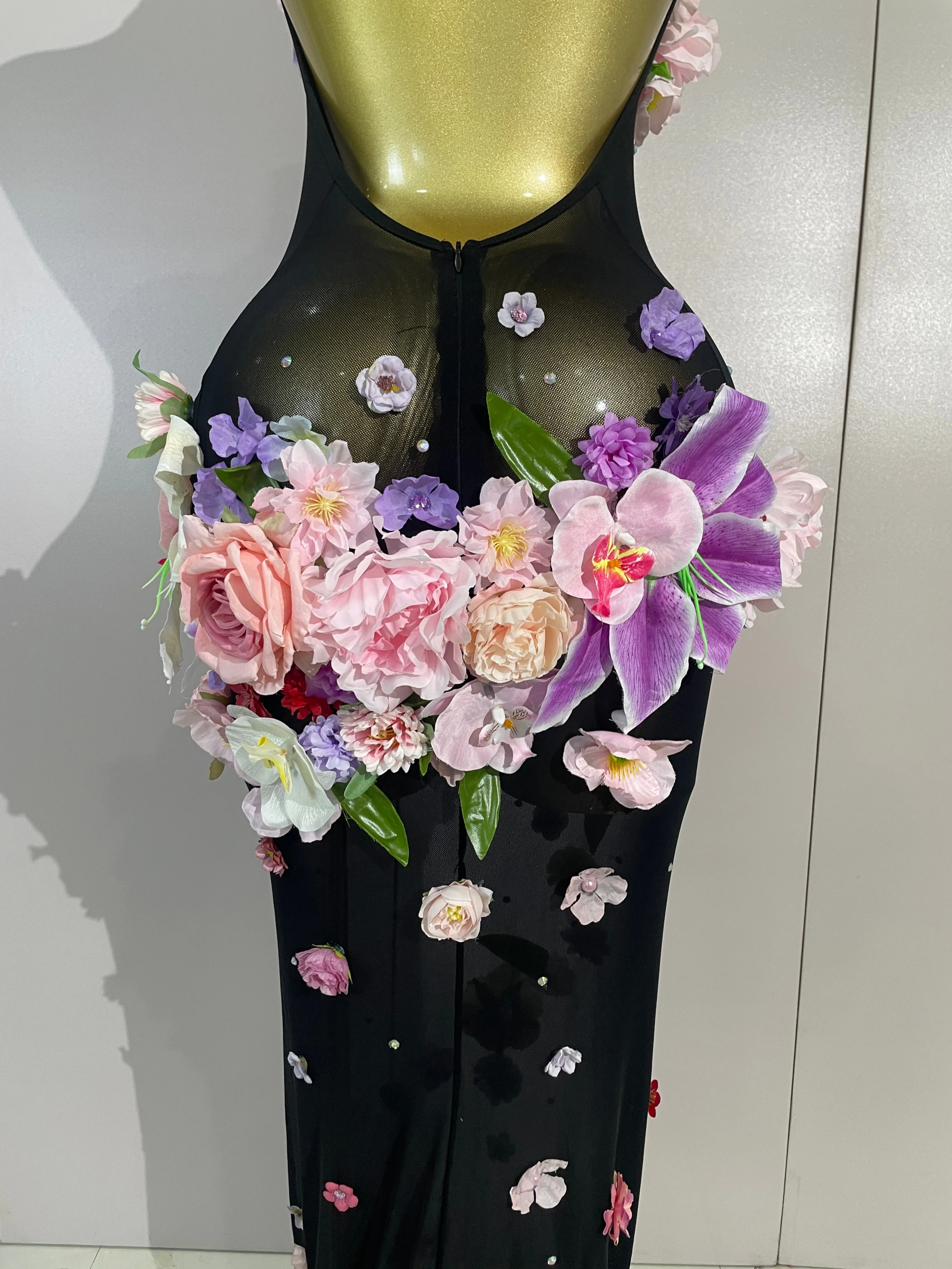 Sexy Halter Mesh See Through Long Dress Women Sparkly Diamonds 3D Flower Evening Party Birthday Photoshoot Nightclub Stage Wear