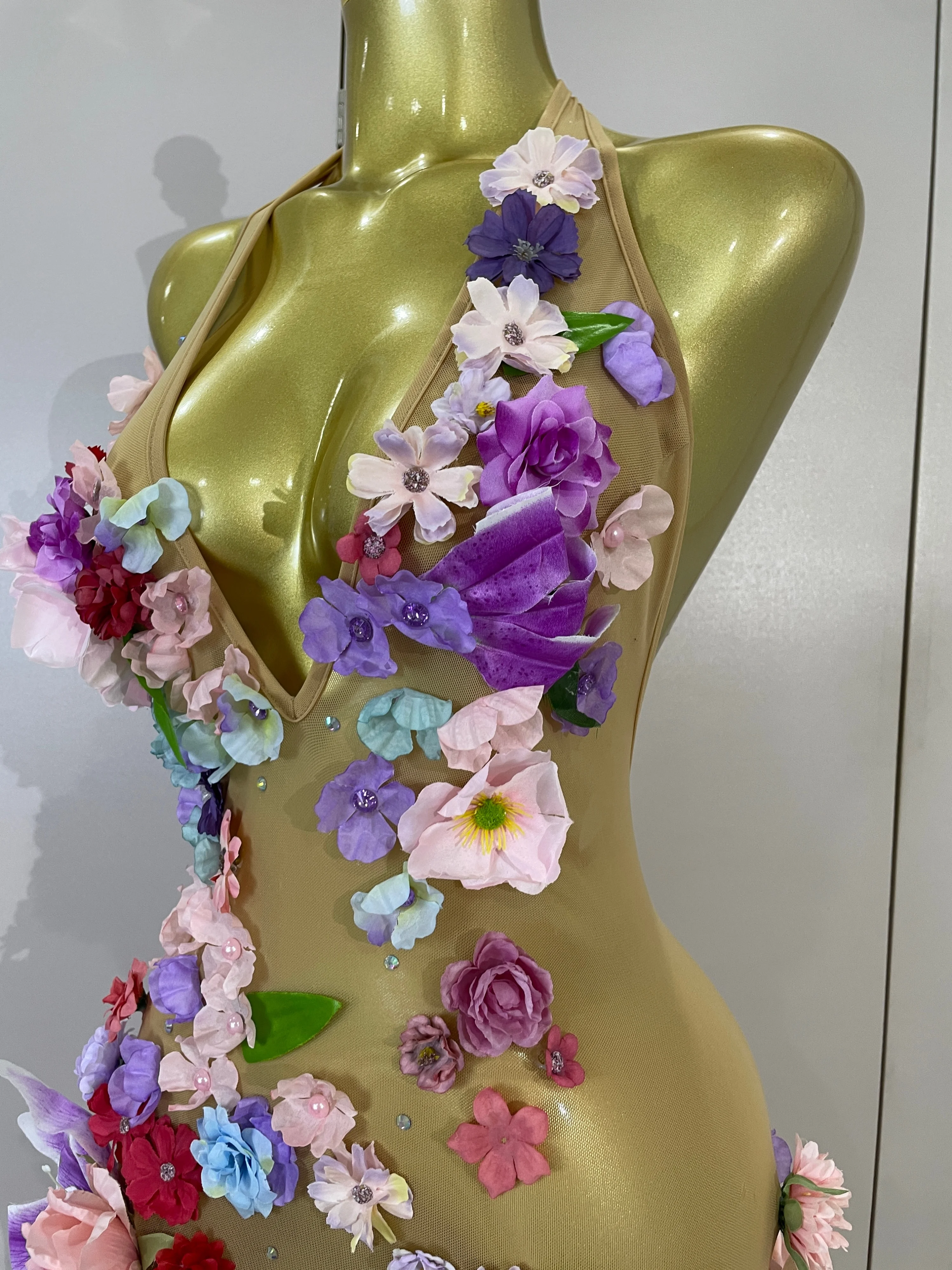 Sexy Halter Mesh See Through Long Dress Women Sparkly Diamonds 3D Flower Evening Party Birthday Photoshoot Nightclub Stage Wear