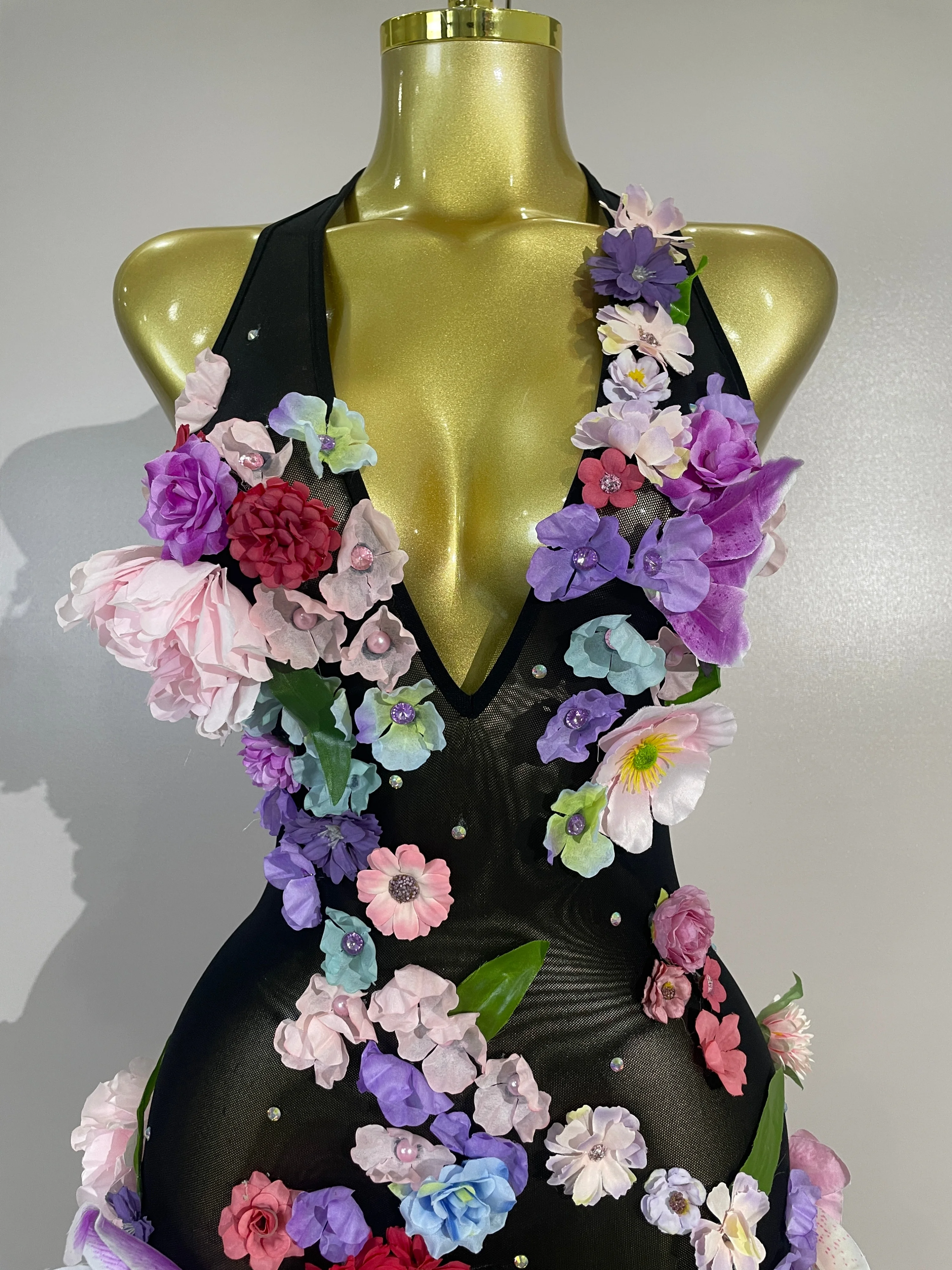 Sexy Halter Mesh See Through Long Dress Women Sparkly Diamonds 3D Flower Evening Party Birthday Photoshoot Nightclub Stage Wear