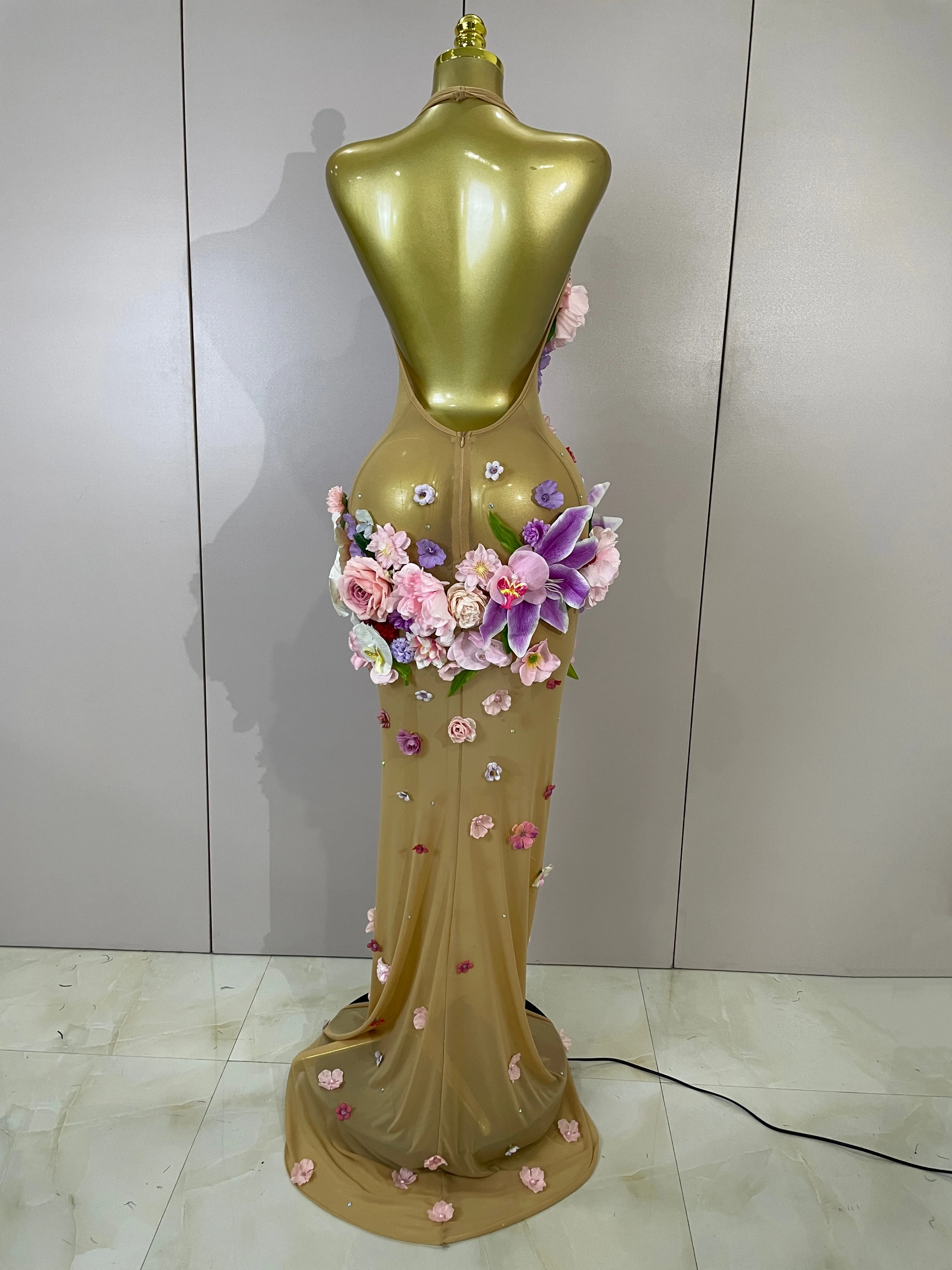 Sexy Halter Mesh See Through Long Dress Women Sparkly Diamonds 3D Flower Evening Party Birthday Photoshoot Nightclub Stage Wear