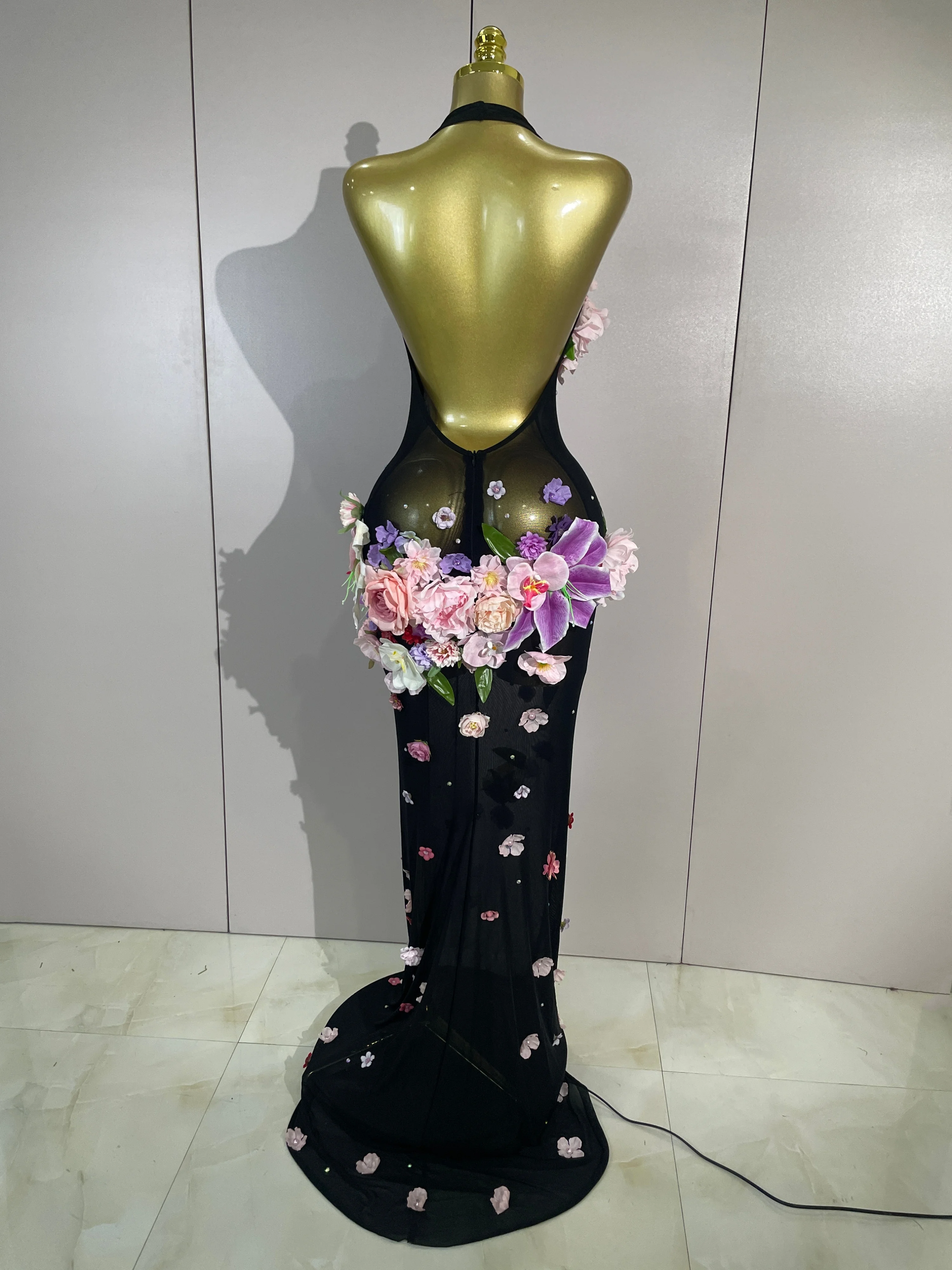 Sexy Halter Mesh See Through Long Dress Women Sparkly Diamonds 3D Flower Evening Party Birthday Photoshoot Nightclub Stage Wear