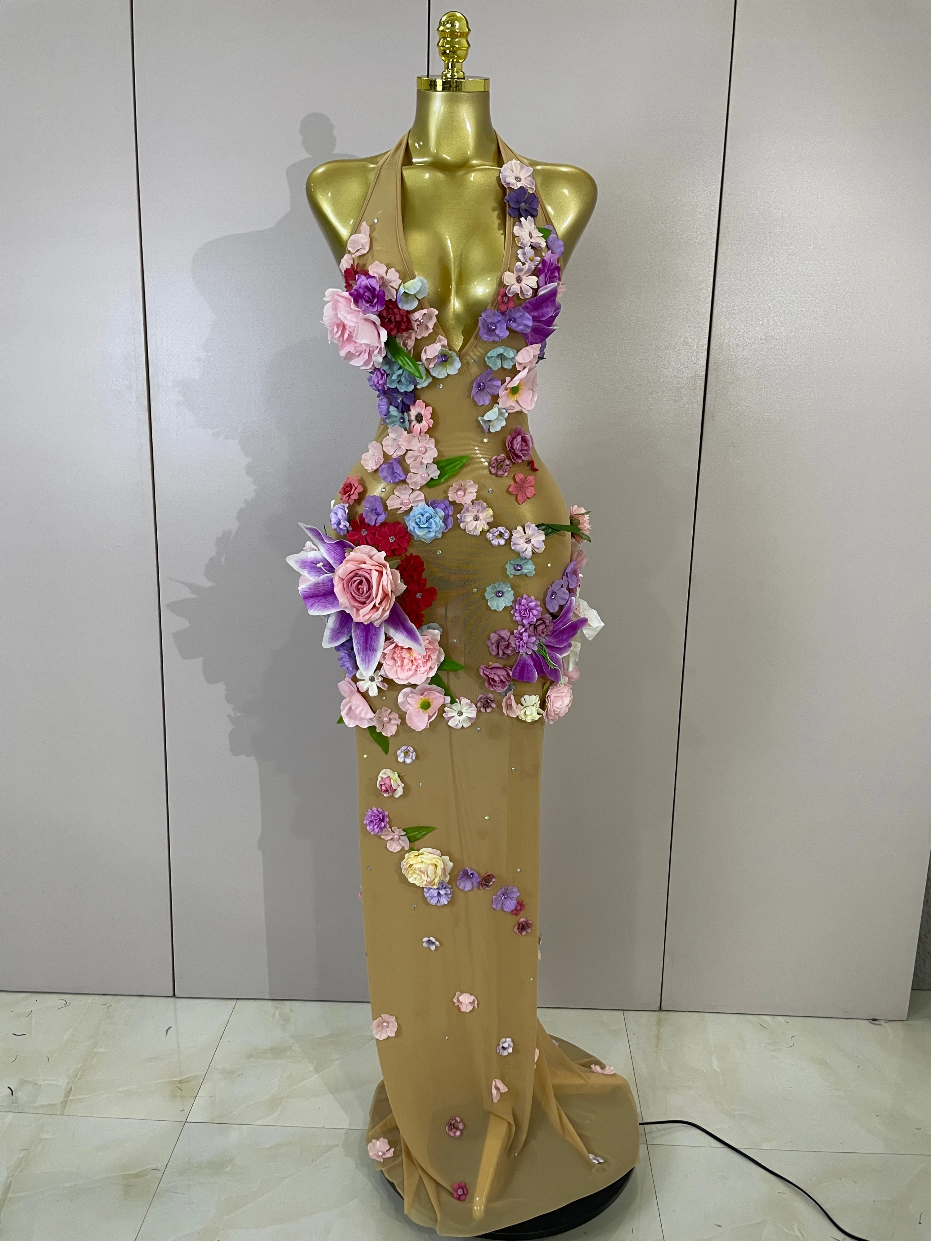 Sexy Halter Mesh See Through Long Dress Women Sparkly Diamonds 3D Flower Evening Party Birthday Photoshoot Nightclub Stage Wear