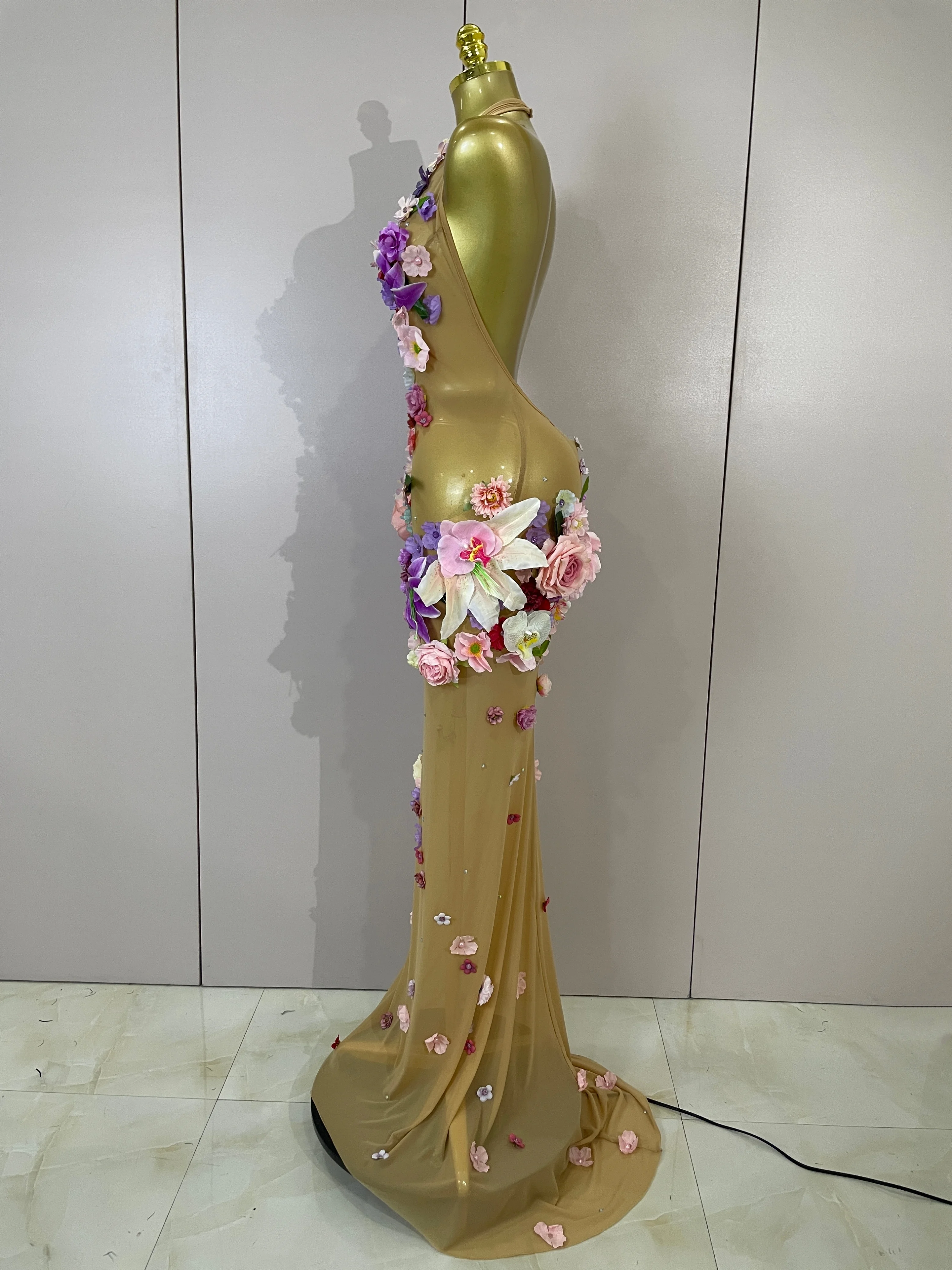 Sexy Halter Mesh See Through Long Dress Women Sparkly Diamonds 3D Flower Evening Party Birthday Photoshoot Nightclub Stage Wear