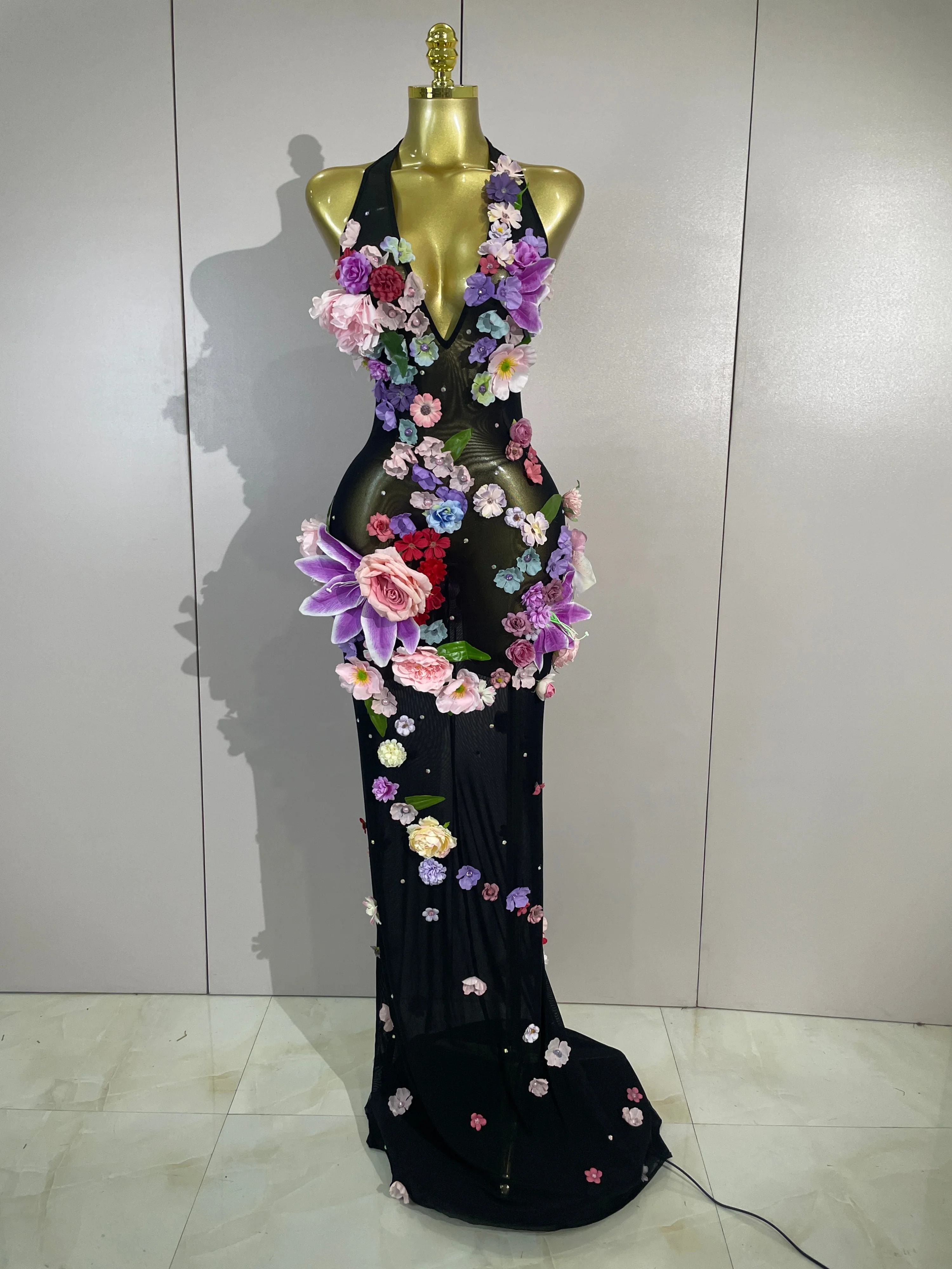 Sexy Halter Mesh See Through Long Dress Women Sparkly Diamonds 3D Flower Evening Party Birthday Photoshoot Nightclub Stage Wear