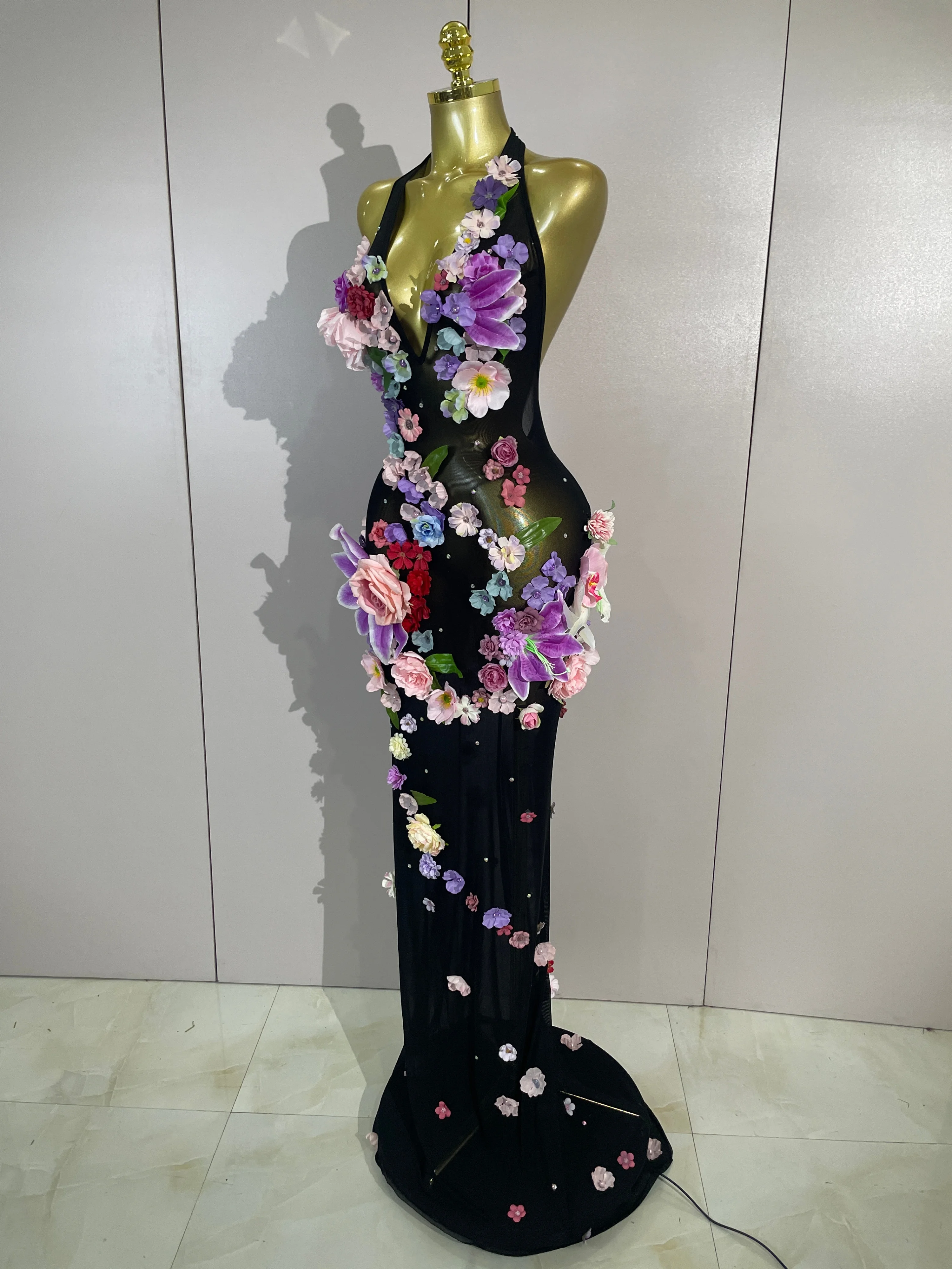 Sexy Halter Mesh See Through Long Dress Women Sparkly Diamonds 3D Flower Evening Party Birthday Photoshoot Nightclub Stage Wear
