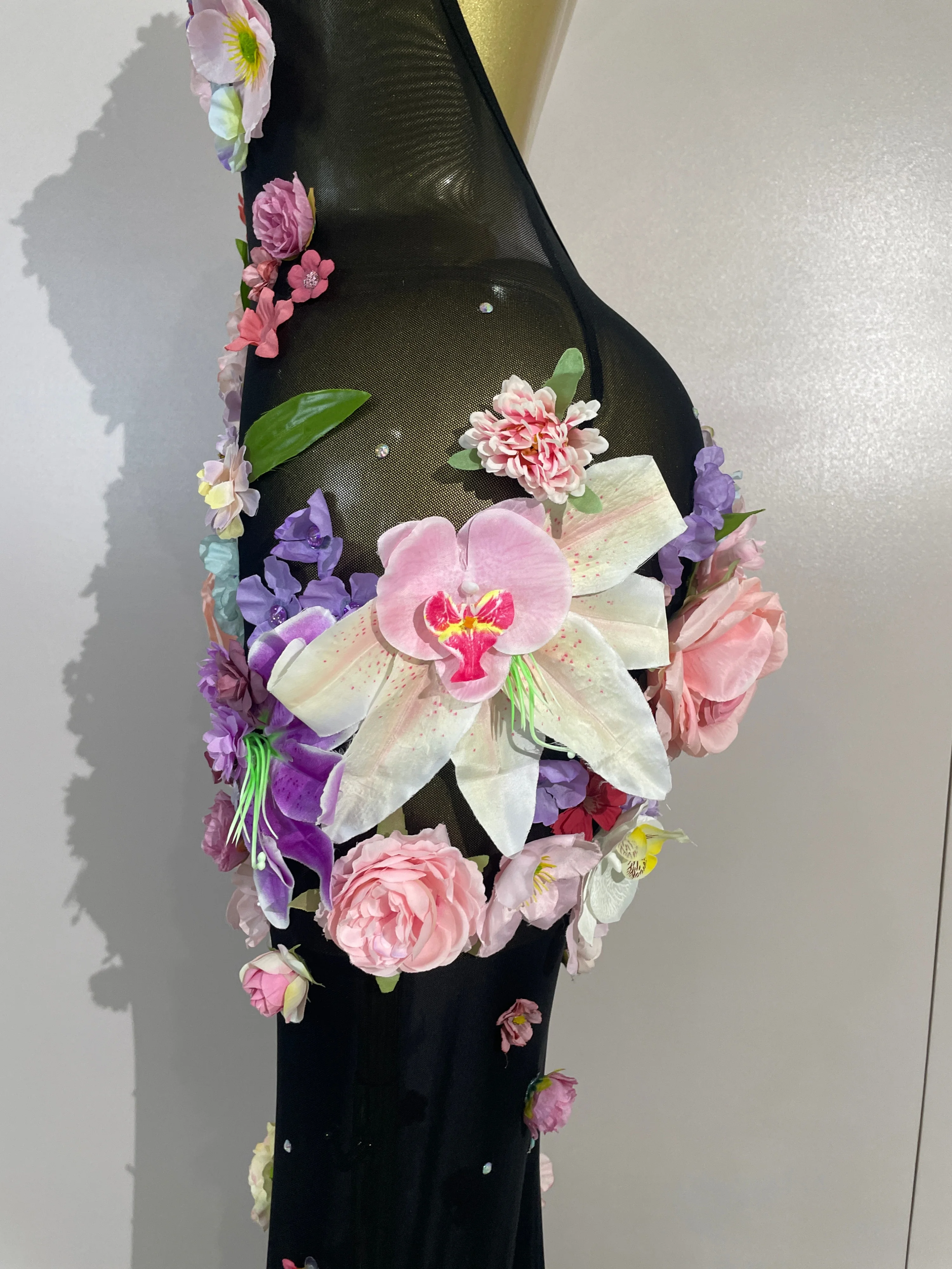 Sexy Halter Mesh See Through Long Dress Women Sparkly Diamonds 3D Flower Evening Party Birthday Photoshoot Nightclub Stage Wear