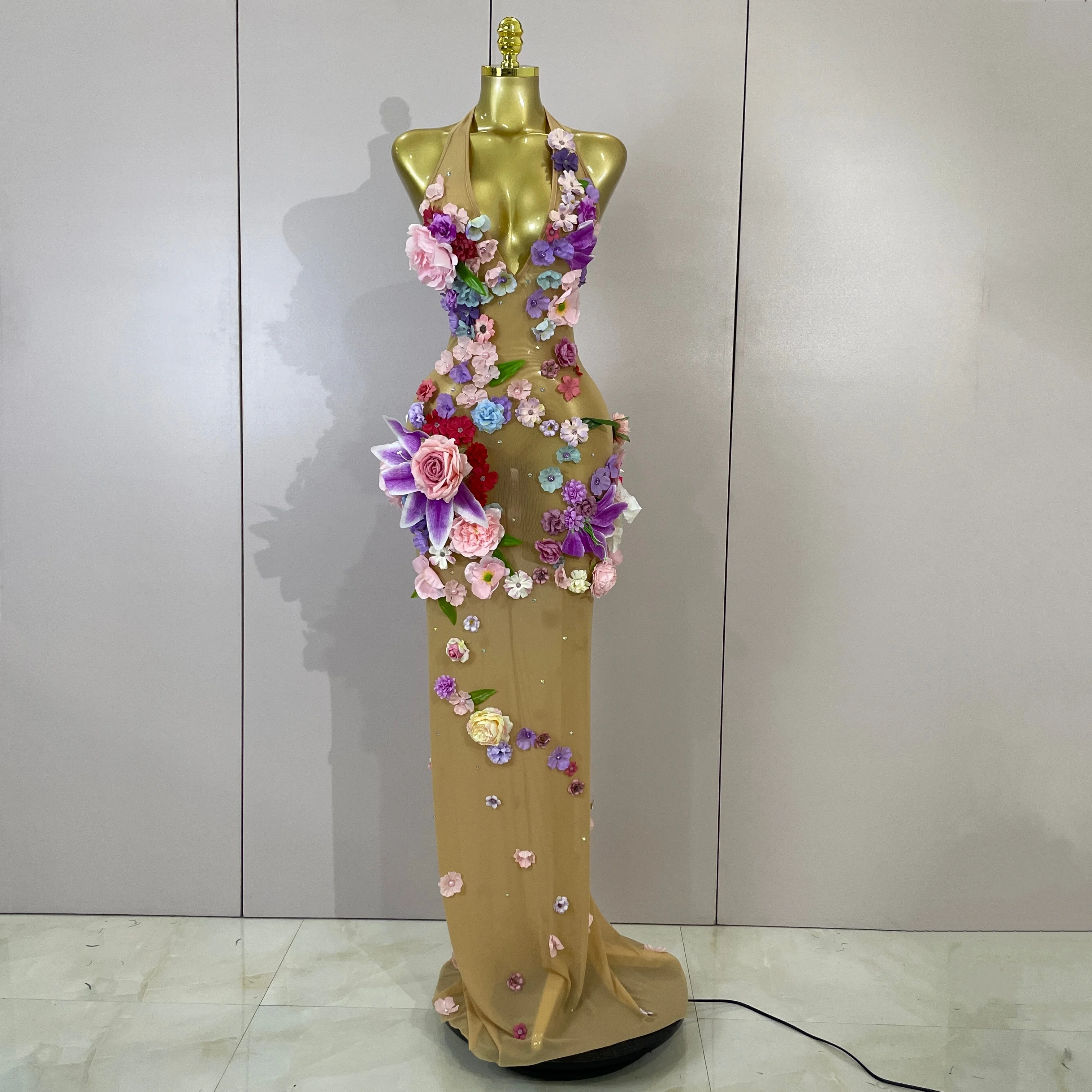 Sexy Halter Mesh See Through Long Dress Women Sparkly Diamonds 3D Flower Evening Party Birthday Photoshoot Nightclub Stage Wear