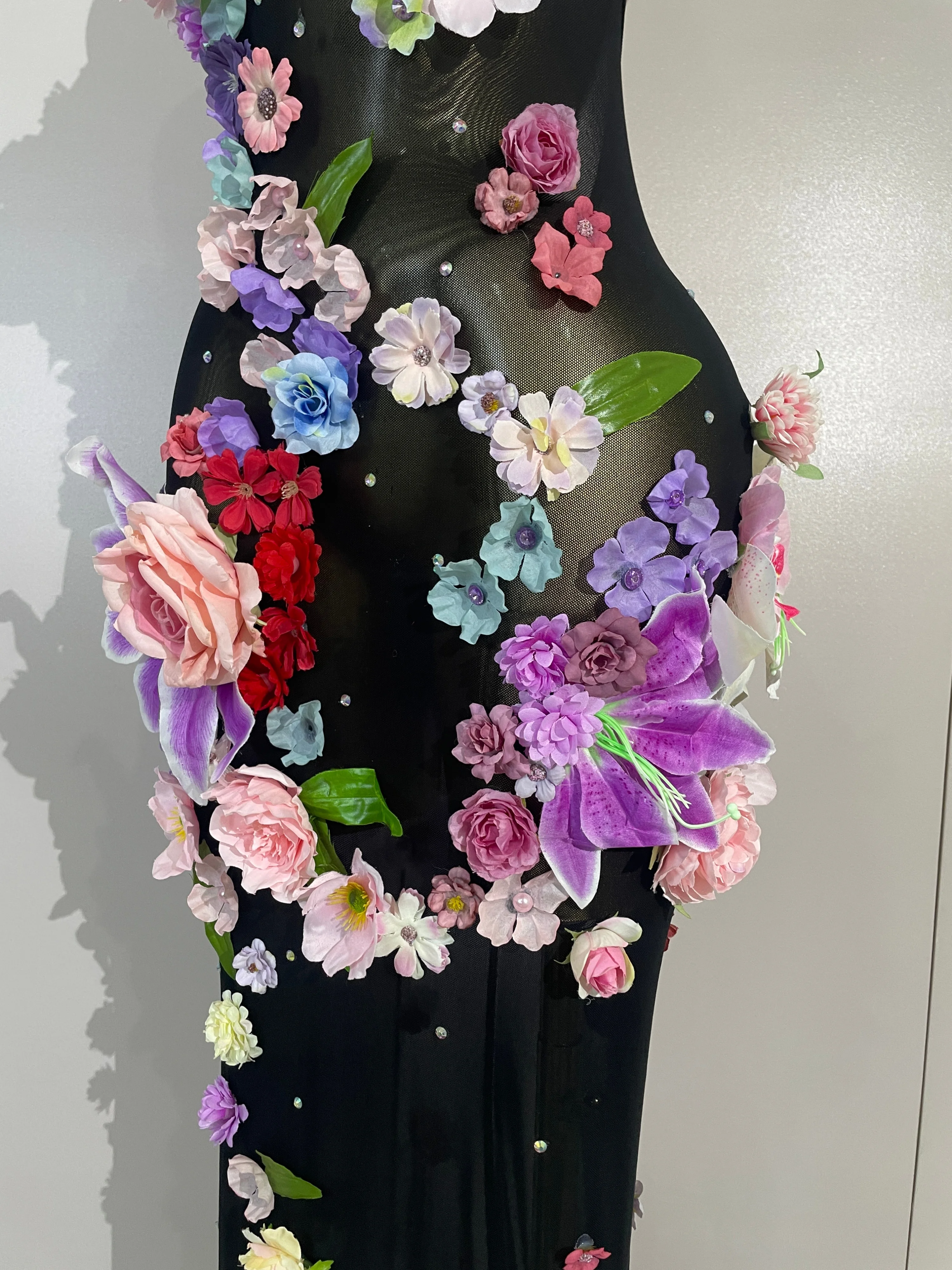 Sexy Halter Mesh See Through Long Dress Women Sparkly Diamonds 3D Flower Evening Party Birthday Photoshoot Nightclub Stage Wear