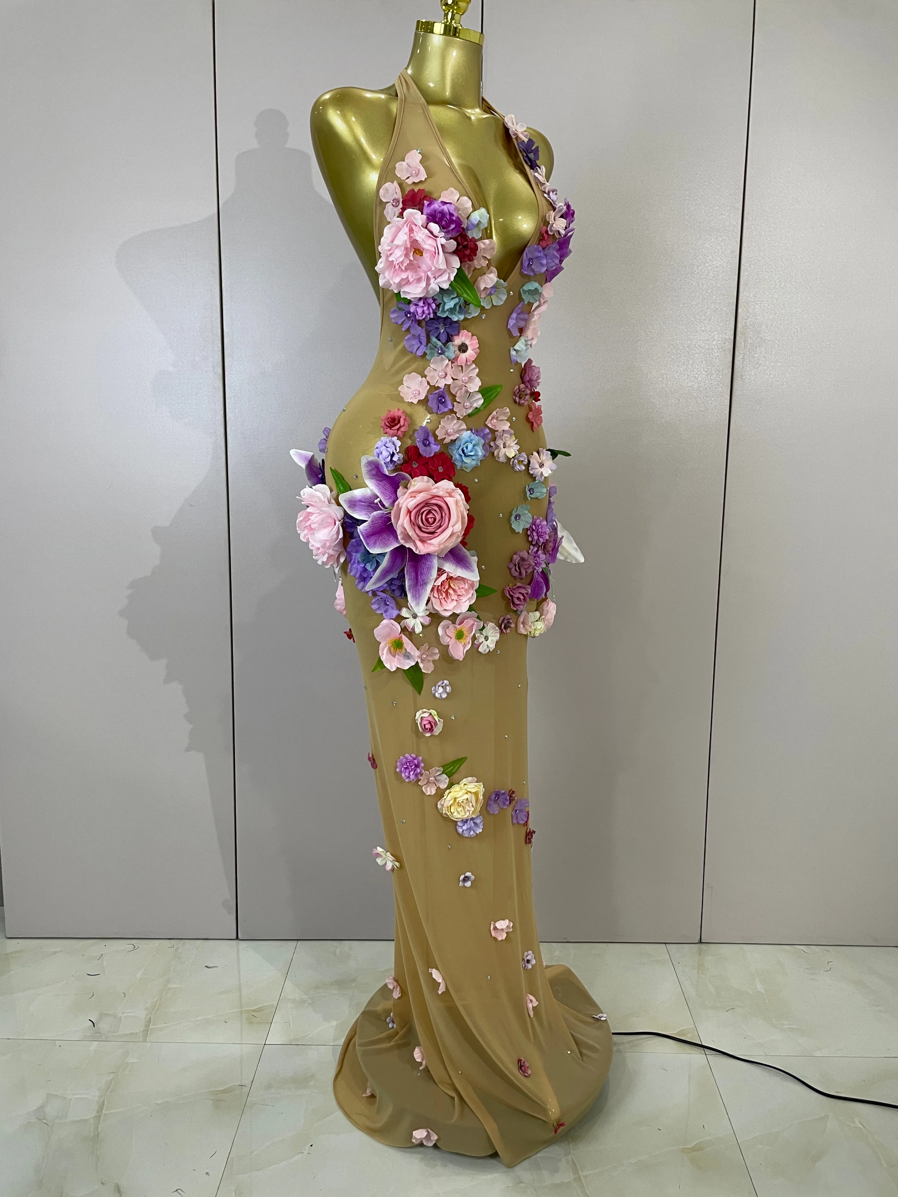 Sexy Halter Mesh See Through Long Dress Women Sparkly Diamonds 3D Flower Evening Party Birthday Photoshoot Nightclub Stage Wear