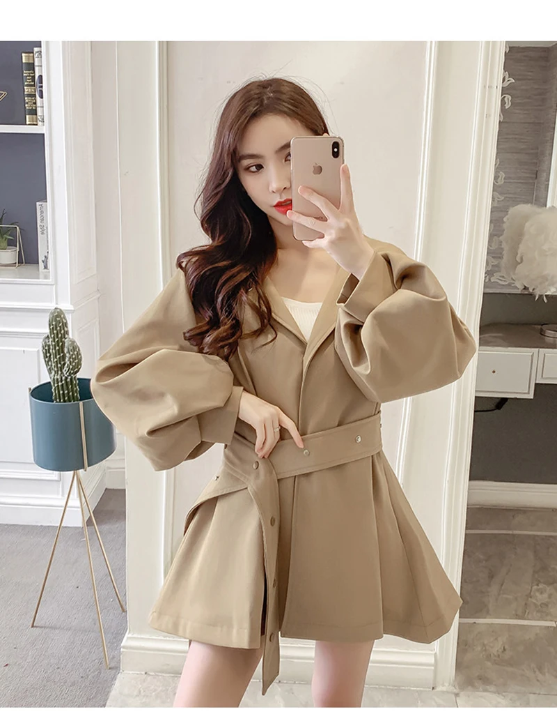 Elegant Belt Trench Women Fashion Lantern Sleeve Slim Sweet Fall Coat Casual Chic Single Breasted Female Solid Hooded Jacket Top