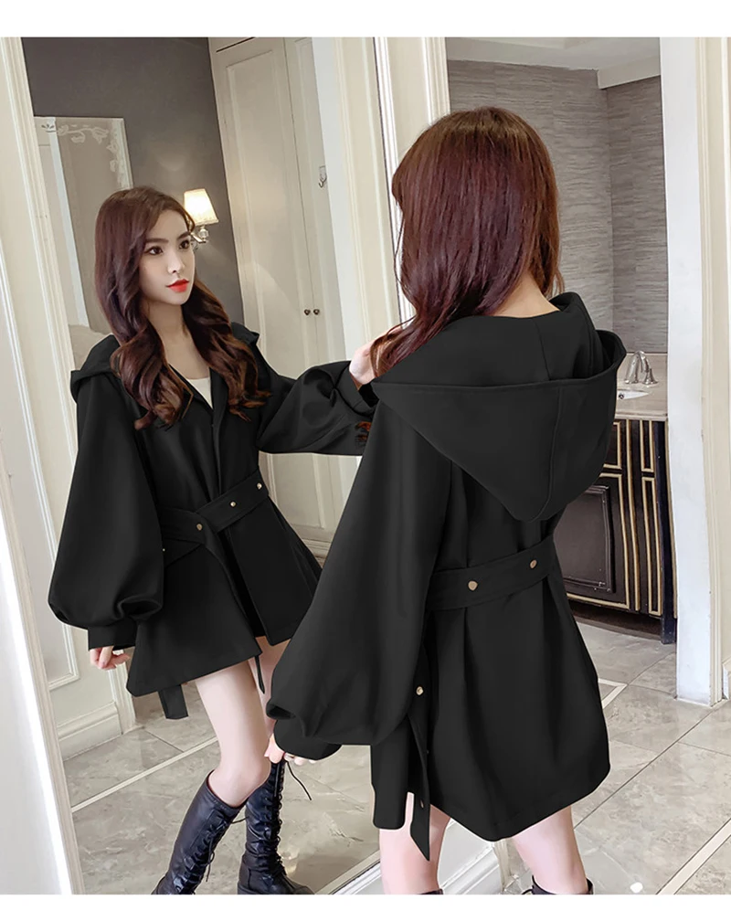 Elegant Belt Trench Women Fashion Lantern Sleeve Slim Sweet Fall Coat Casual Chic Single Breasted Female Solid Hooded Jacket Top