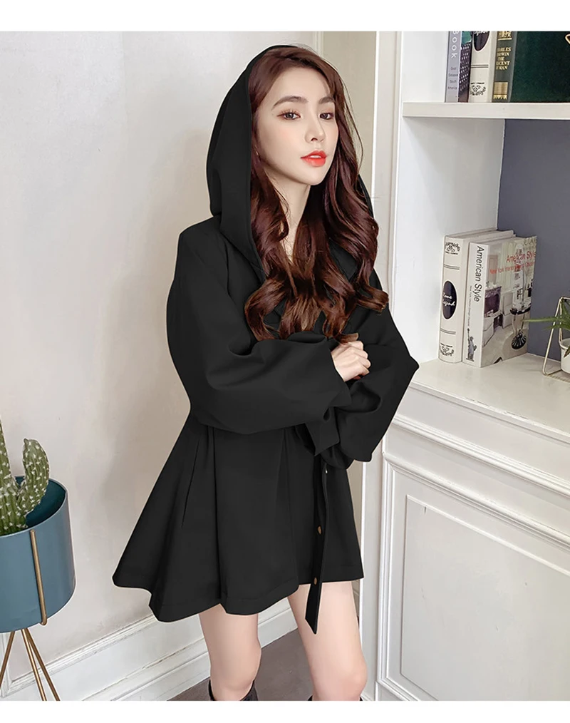 Elegant Belt Trench Women Fashion Lantern Sleeve Slim Sweet Fall Coat Casual Chic Single Breasted Female Solid Hooded Jacket Top
