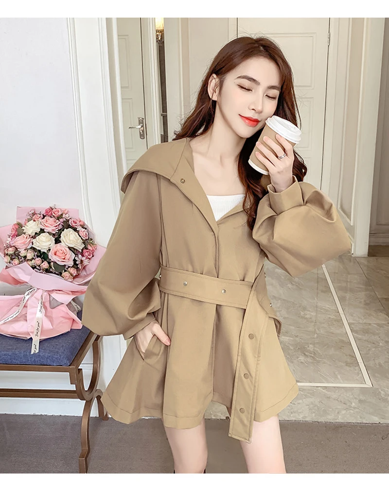 Elegant Belt Trench Women Fashion Lantern Sleeve Slim Sweet Fall Coat Casual Chic Single Breasted Female Solid Hooded Jacket Top