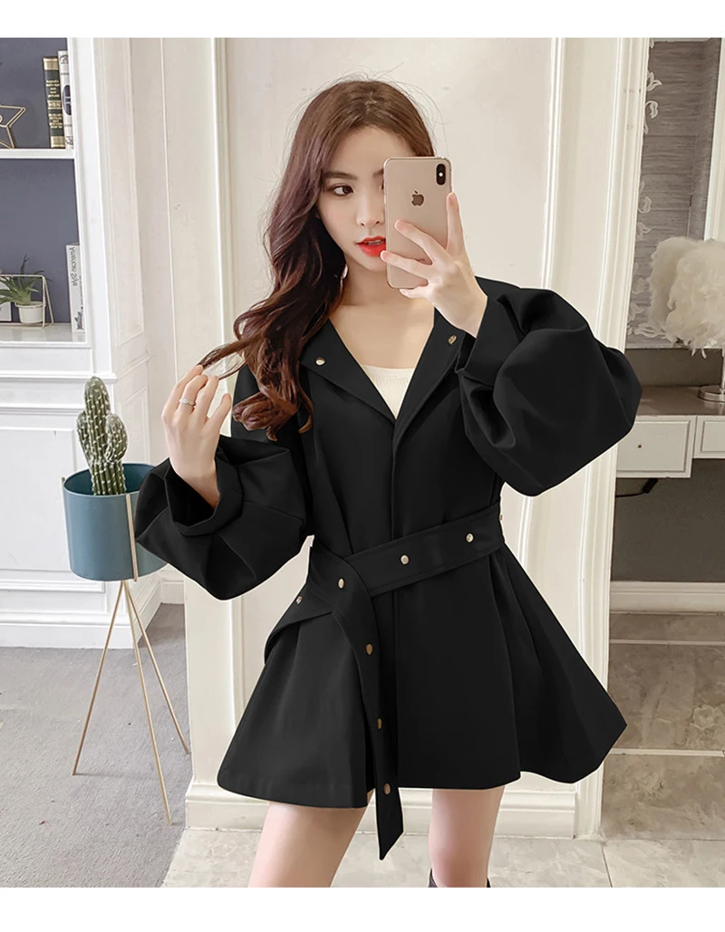 Elegant Belt Trench Women Fashion Lantern Sleeve Slim Sweet Fall Coat Casual Chic Single Breasted Female Solid Hooded Jacket Top