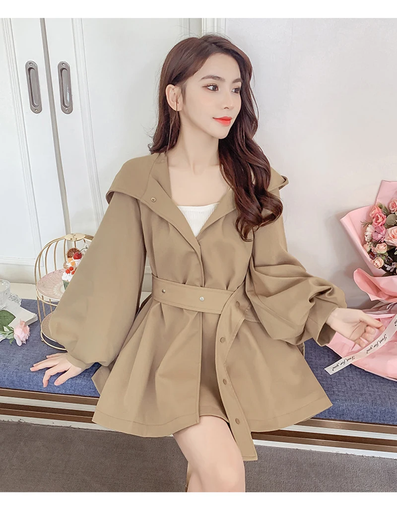 Elegant Belt Trench Women Fashion Lantern Sleeve Slim Sweet Fall Coat Casual Chic Single Breasted Female Solid Hooded Jacket Top