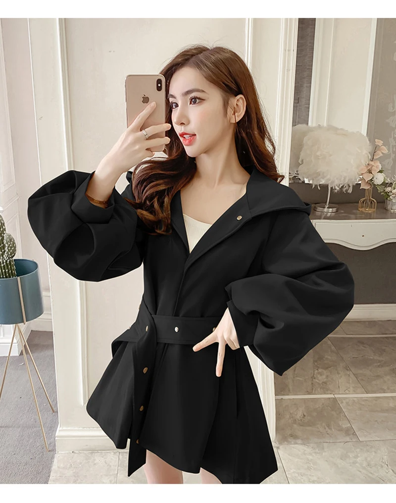 Elegant Belt Trench Women Fashion Lantern Sleeve Slim Sweet Fall Coat Casual Chic Single Breasted Female Solid Hooded Jacket Top