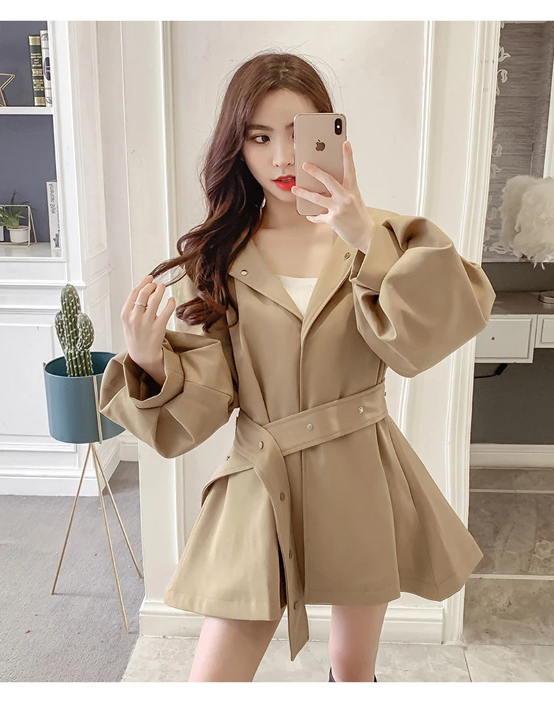 Elegant Belt Trench Women Fashion Lantern Sleeve Slim Sweet Fall Coat Casual Chic Single Breasted Female Solid Hooded Jacket Top